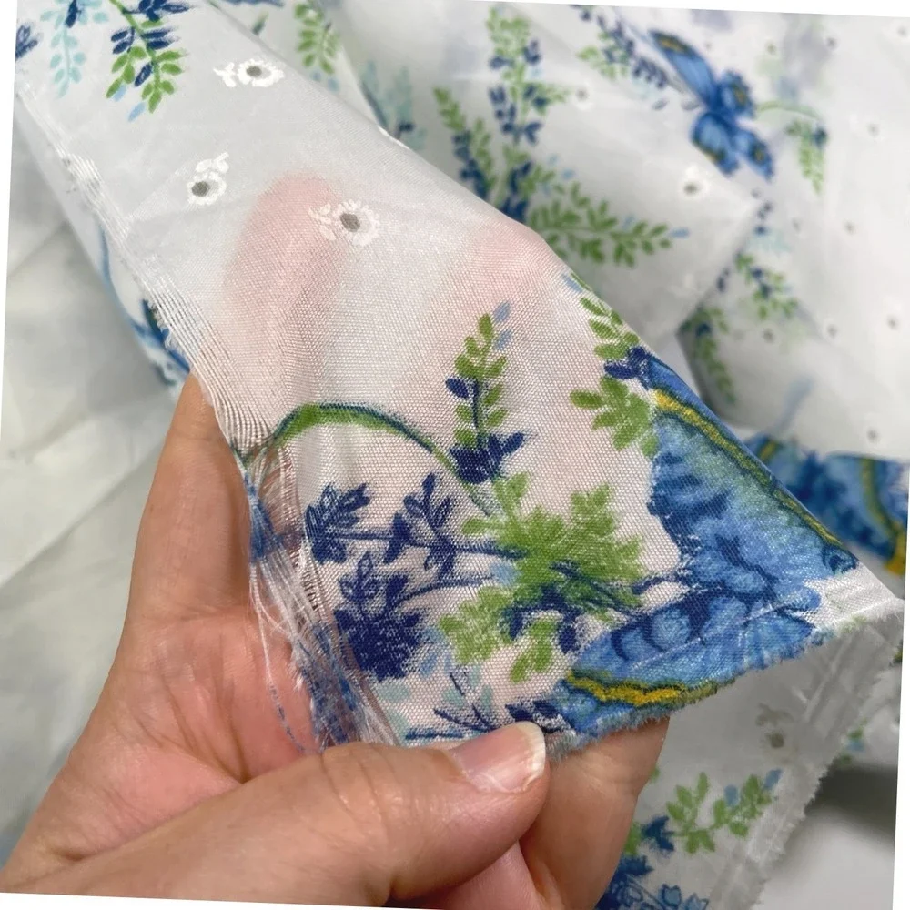 7 Yards White Blue Butterfly Floral Eyelet Sheer Fabric Panels Cottagecore DIY‎